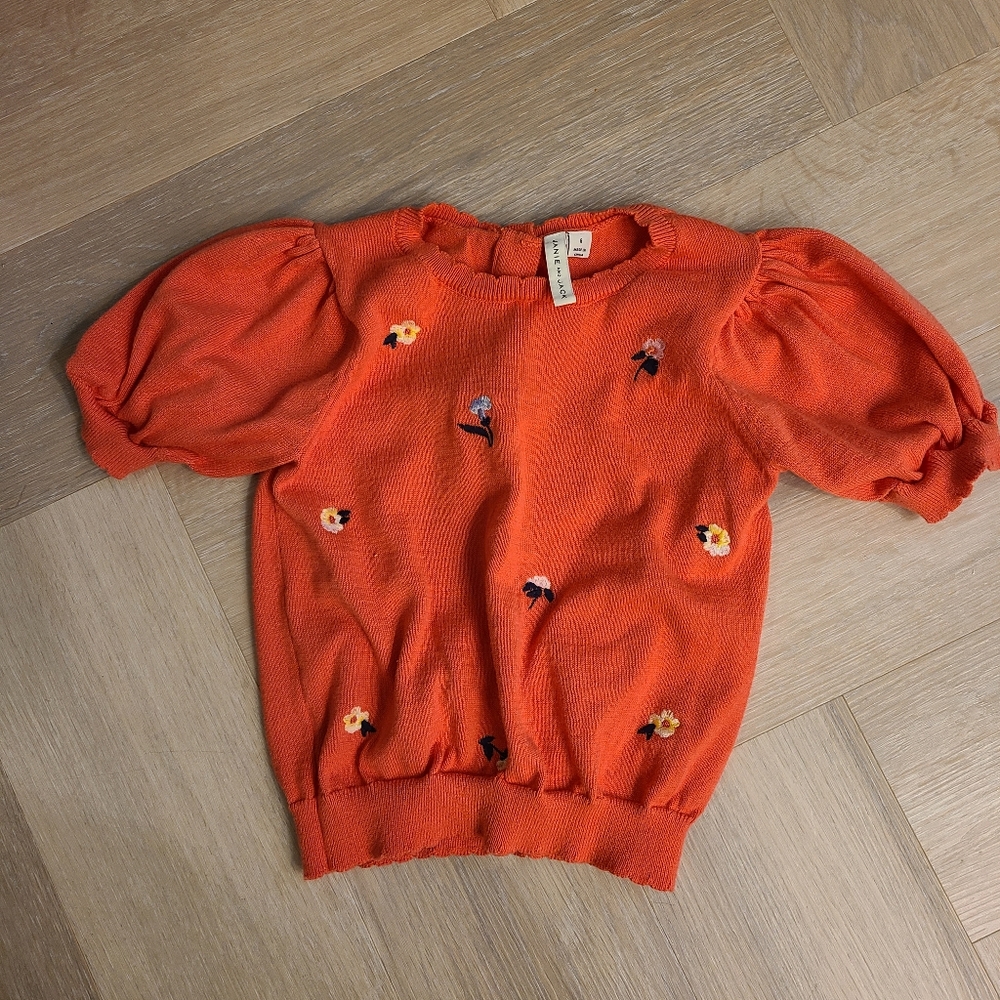Coral Puff Sleeve Sweater with Floral Embroidery